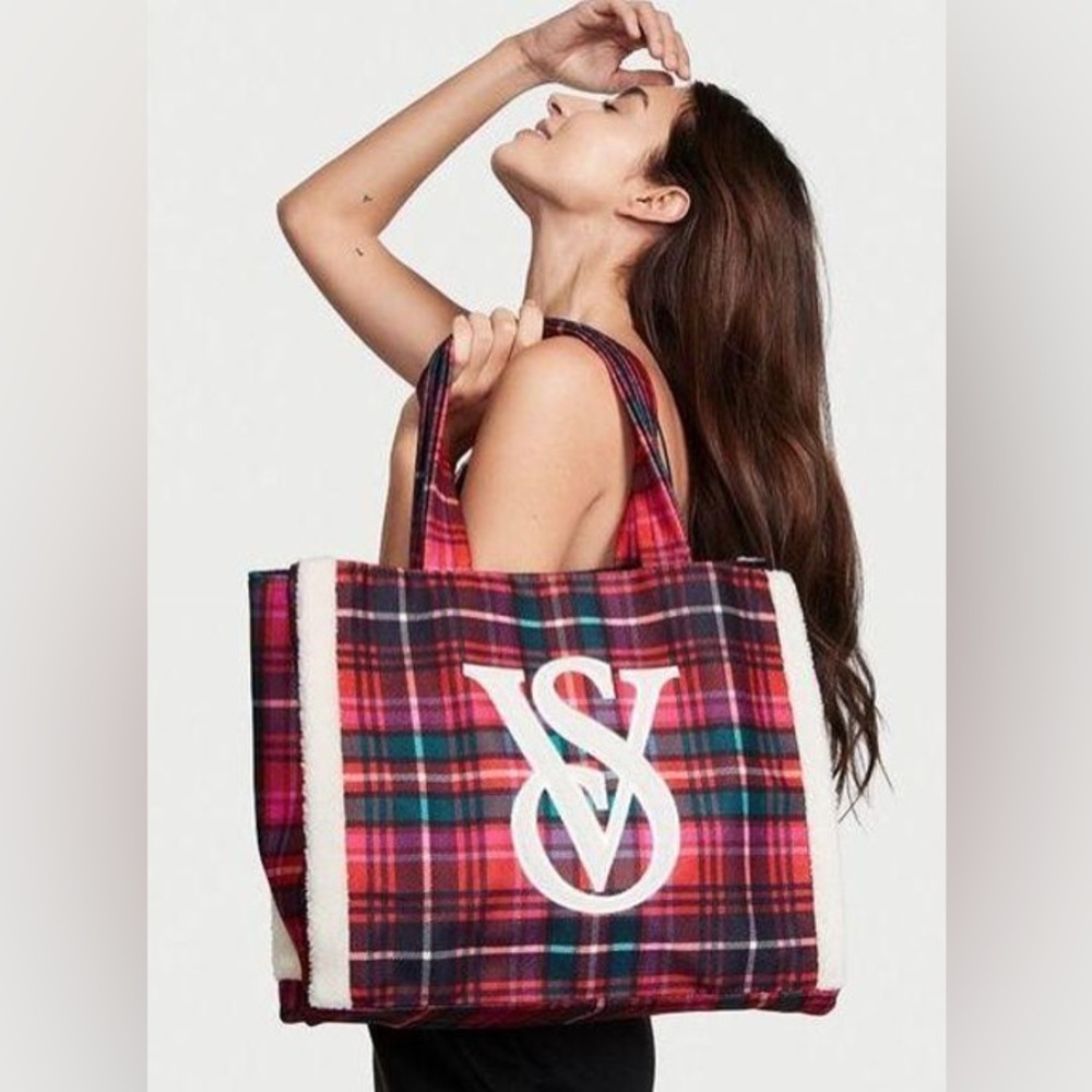 Victoria's Secret Faux Fur Sherpa Plaid Flannel Large Tote Bag